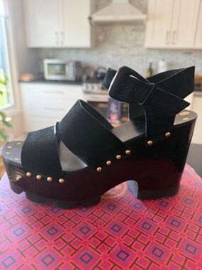 Tory Burch Black Suede Platform Sandals with Gold Studs